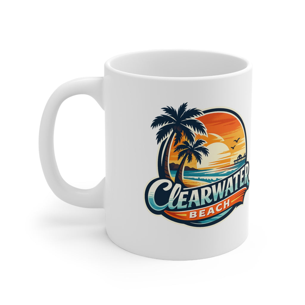 Clearwater Beach Sunset Ceramic Mug — Retro Palm Tree Coffee Cup (11oz & 15oz)