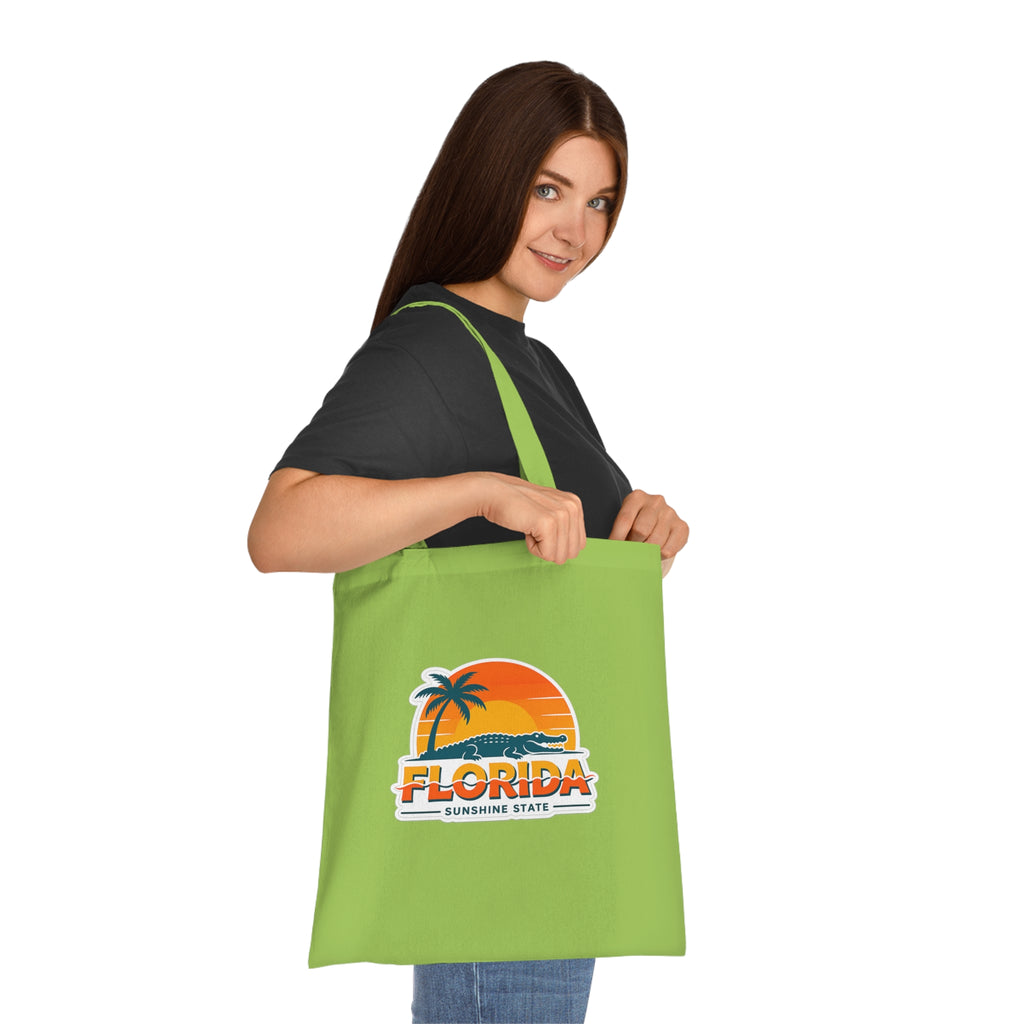 Florida Sunshine State Palm Tree Tote Bag — Retro Beach Sunset Cotton Tote