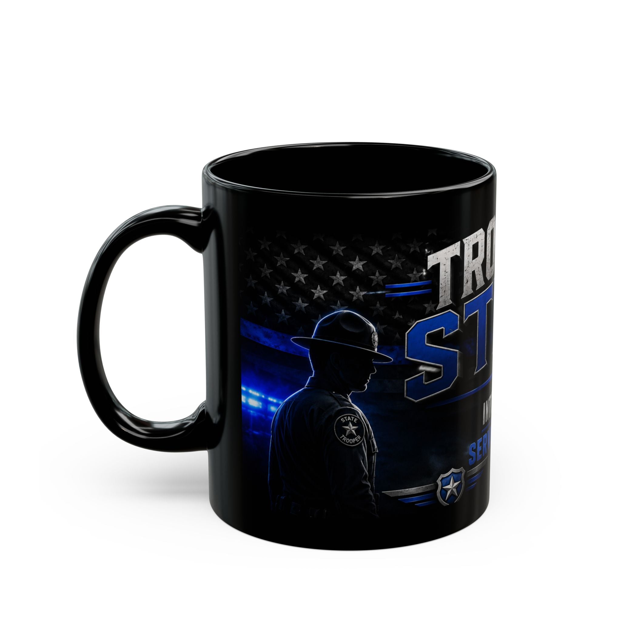 Police Trooper Mug — "Trooper Steve: Integrity in Action" Black Coffee Cup (11oz/15oz)