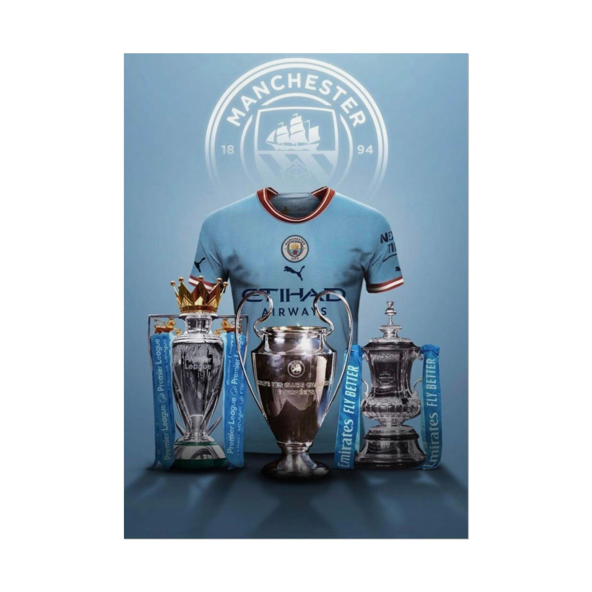 Manchester City Treble Trophies Poster — Rolled Football Wall Art