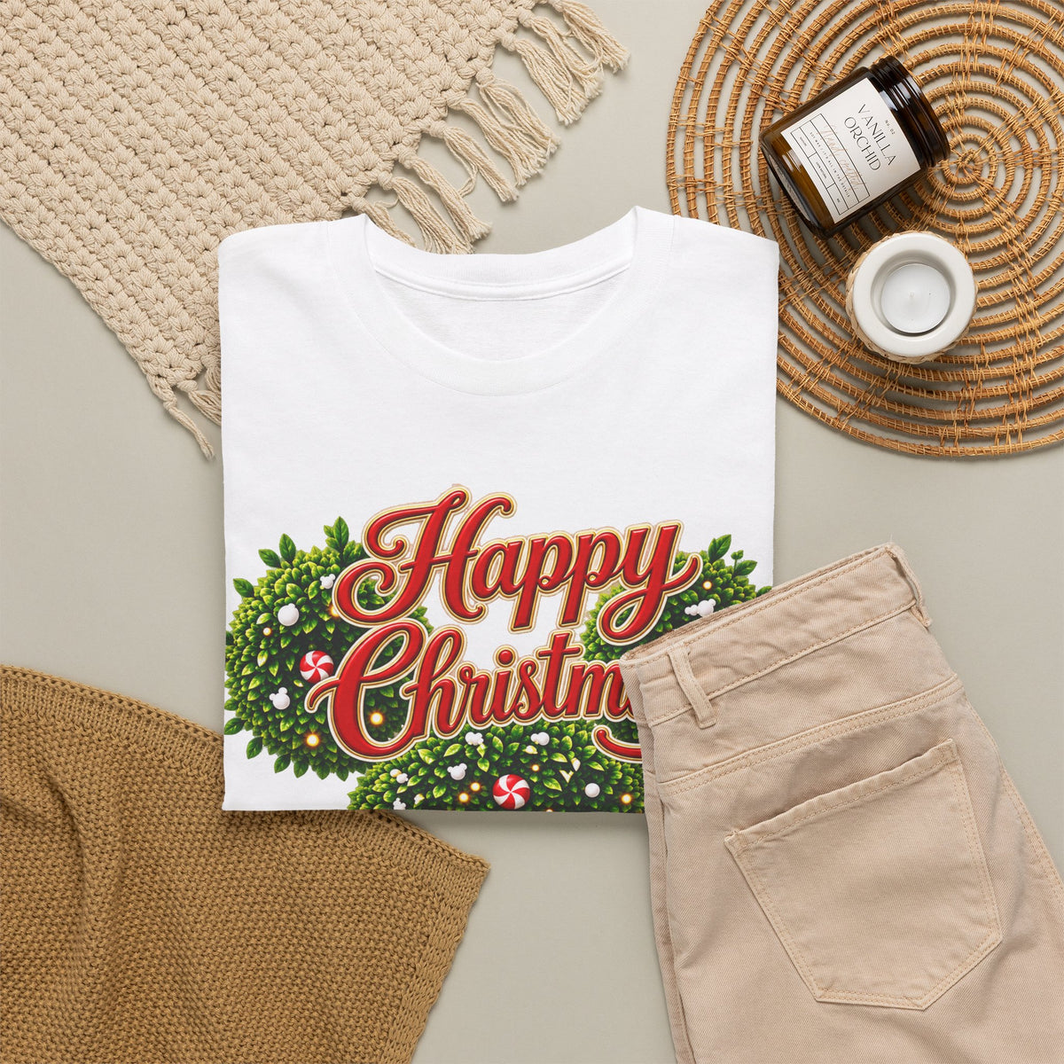 Christmas Wreath Mouse Tee – "Happy Christmas" Holiday Graphic T-Shirt