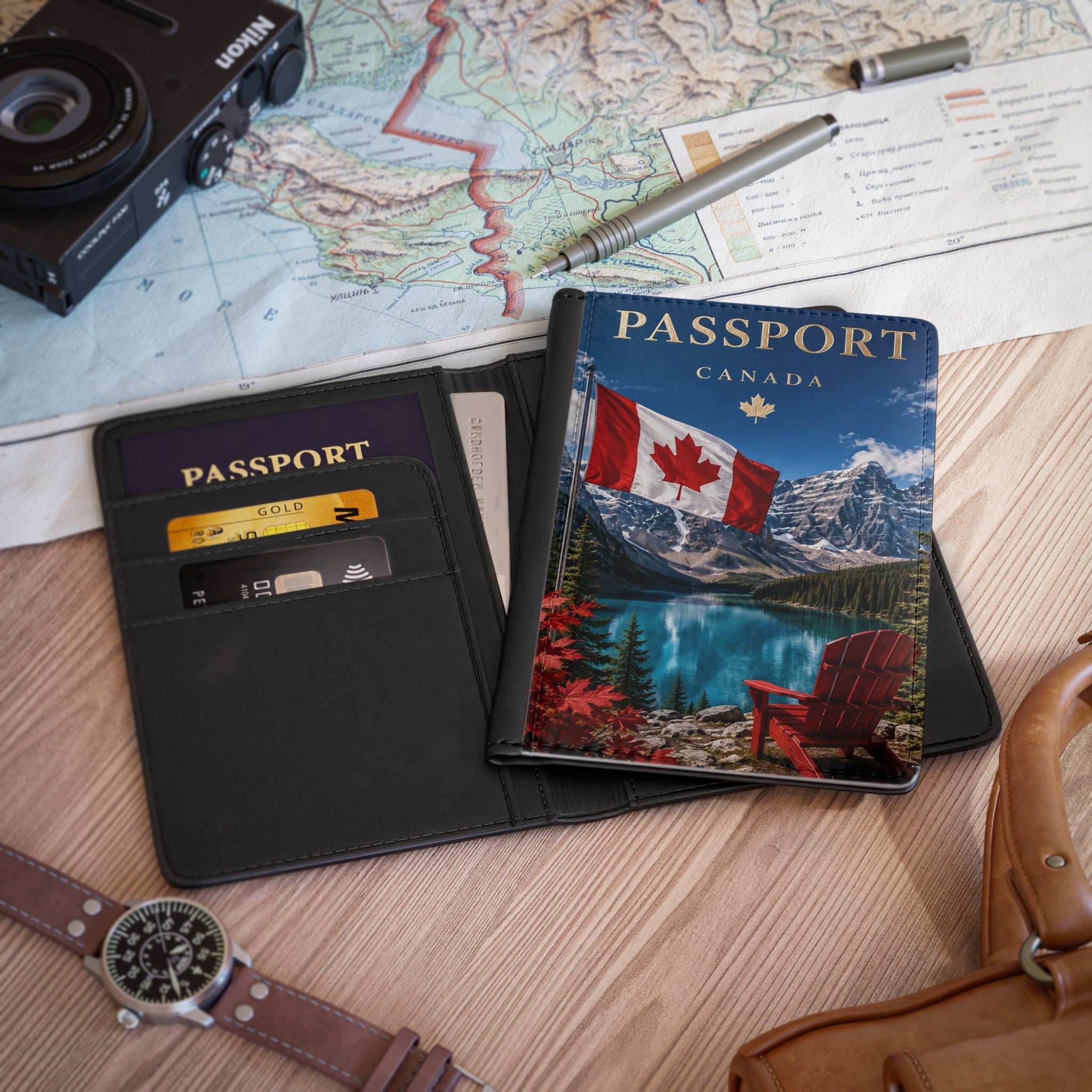 Canada Passport Cover – Scenic Lake Moraine Canadian Flag Travel Wallet