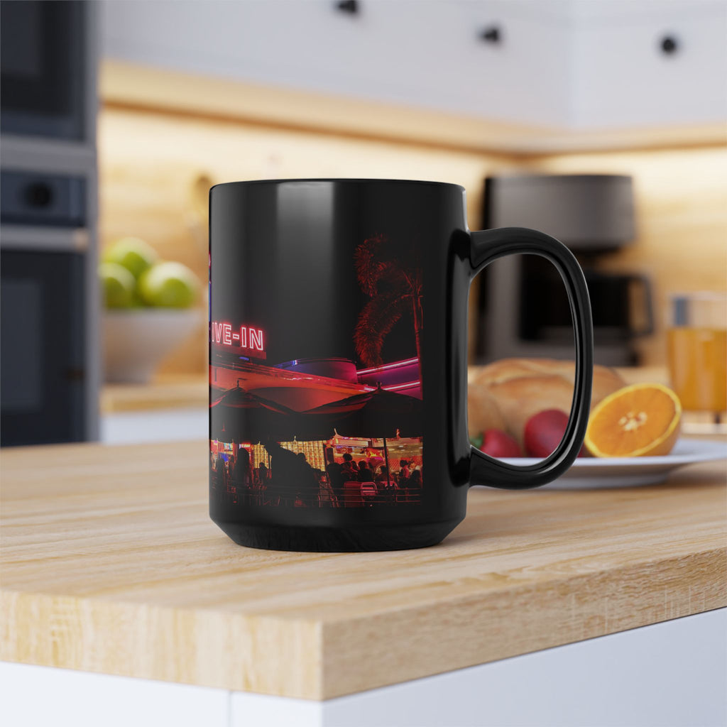 Mel's Drive-In Neon Night Coffee Mug — Retro Diner Black Ceramic Mug (11oz, 15oz)
