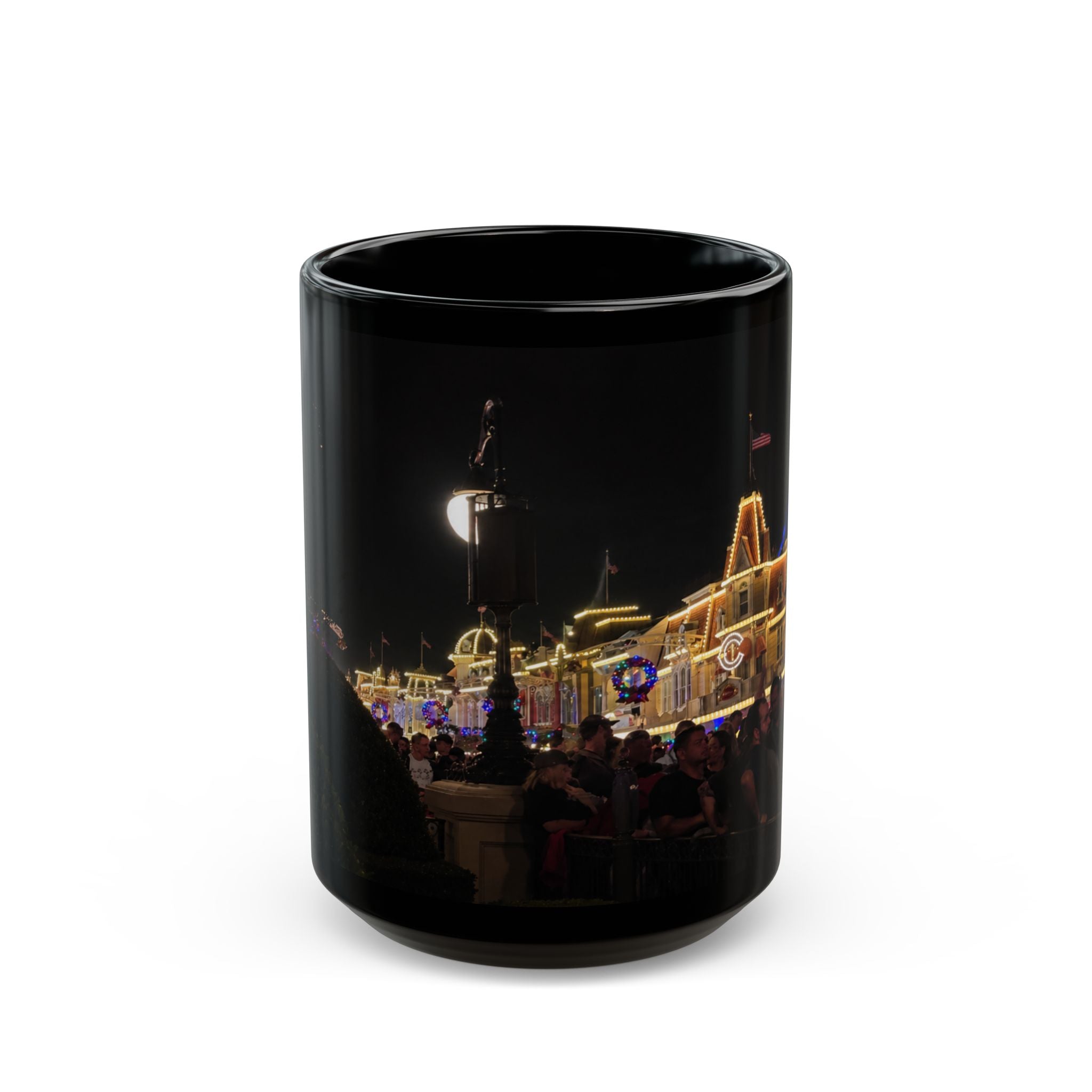 Magic Kingdom Nighttime Theme Park Lights Mug — Scenic Black Coffee Cup