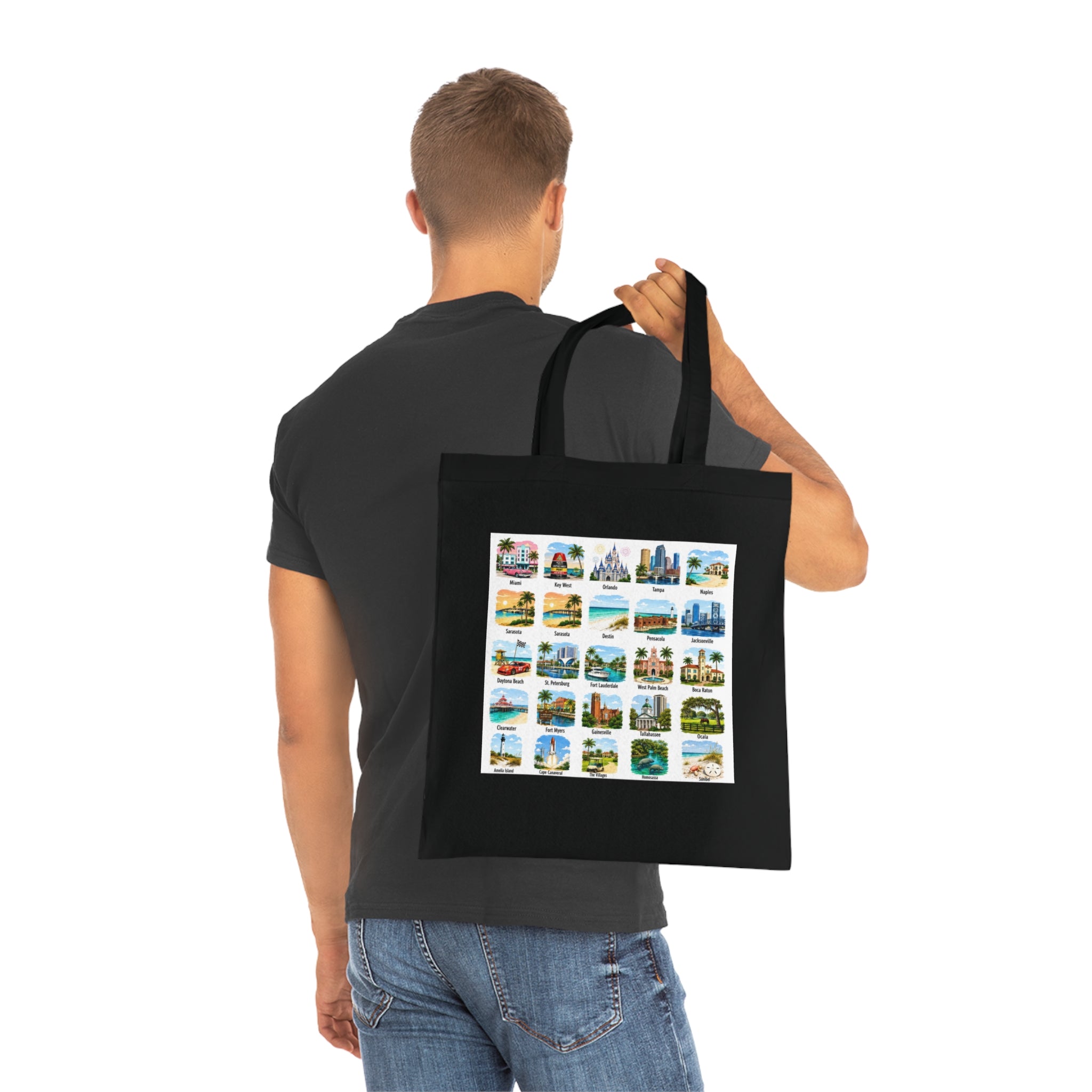 Florida City Landmarks Collage Cotton Tote – Vintage Travel Postcard Design