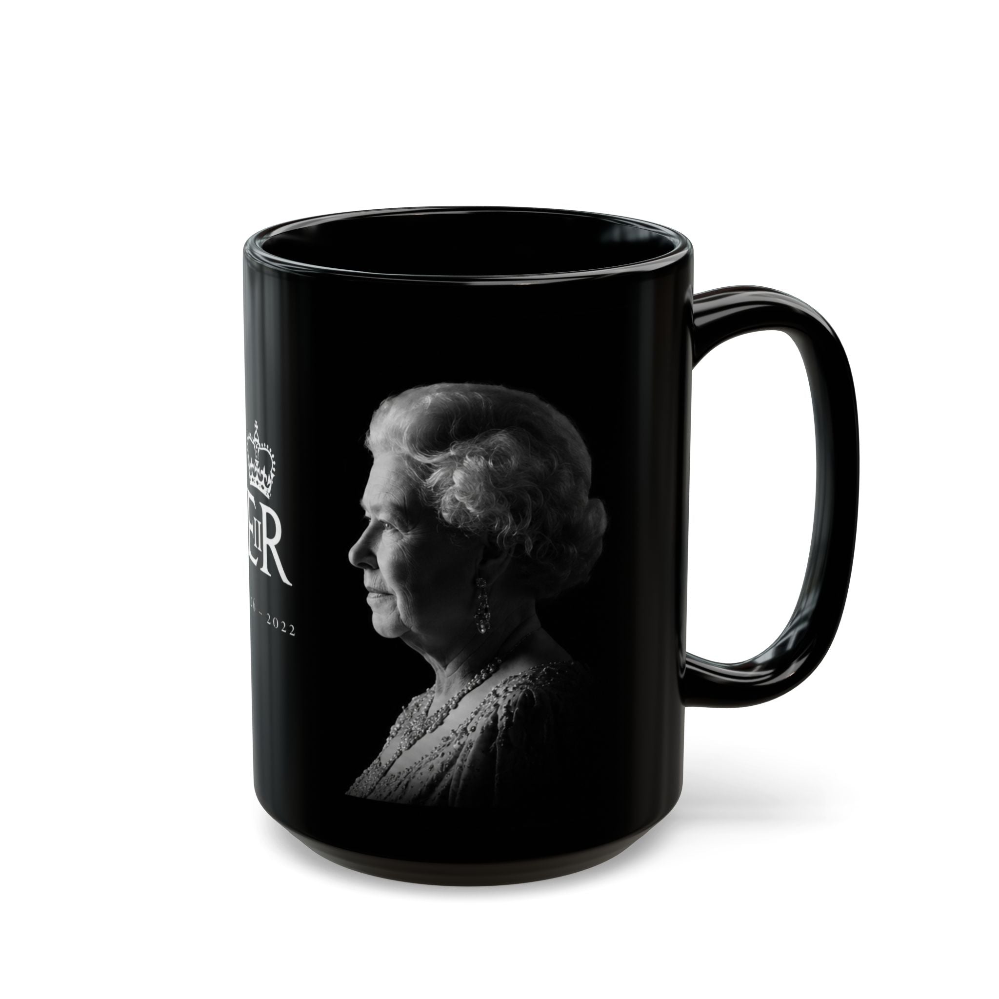 Queen Elizabeth II Memorial Black Mug – E II R Tribute Design (1926–2022)