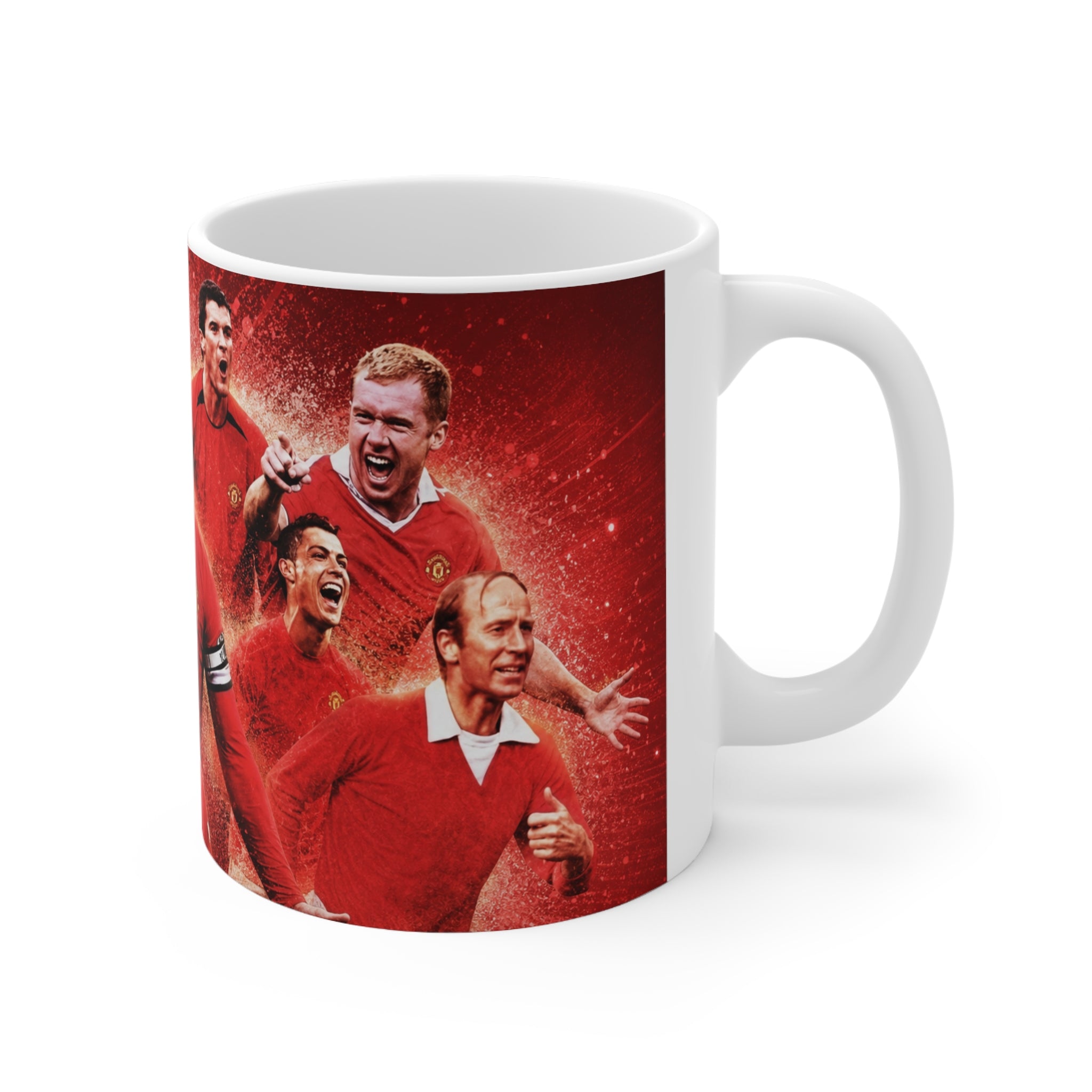 Manchester United Football Legends Ceramic Mug — Retro Soccer Team Collage (11oz, 15oz)