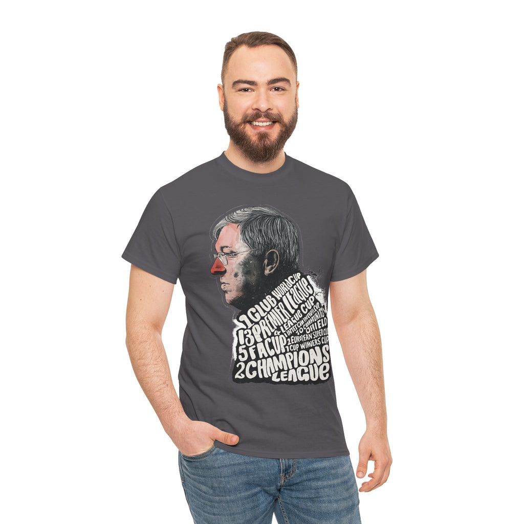 SIr Alex Ferguson Achievements Vintage Football Manager Profile Tee — Illustrated Head with Trophy Text Design