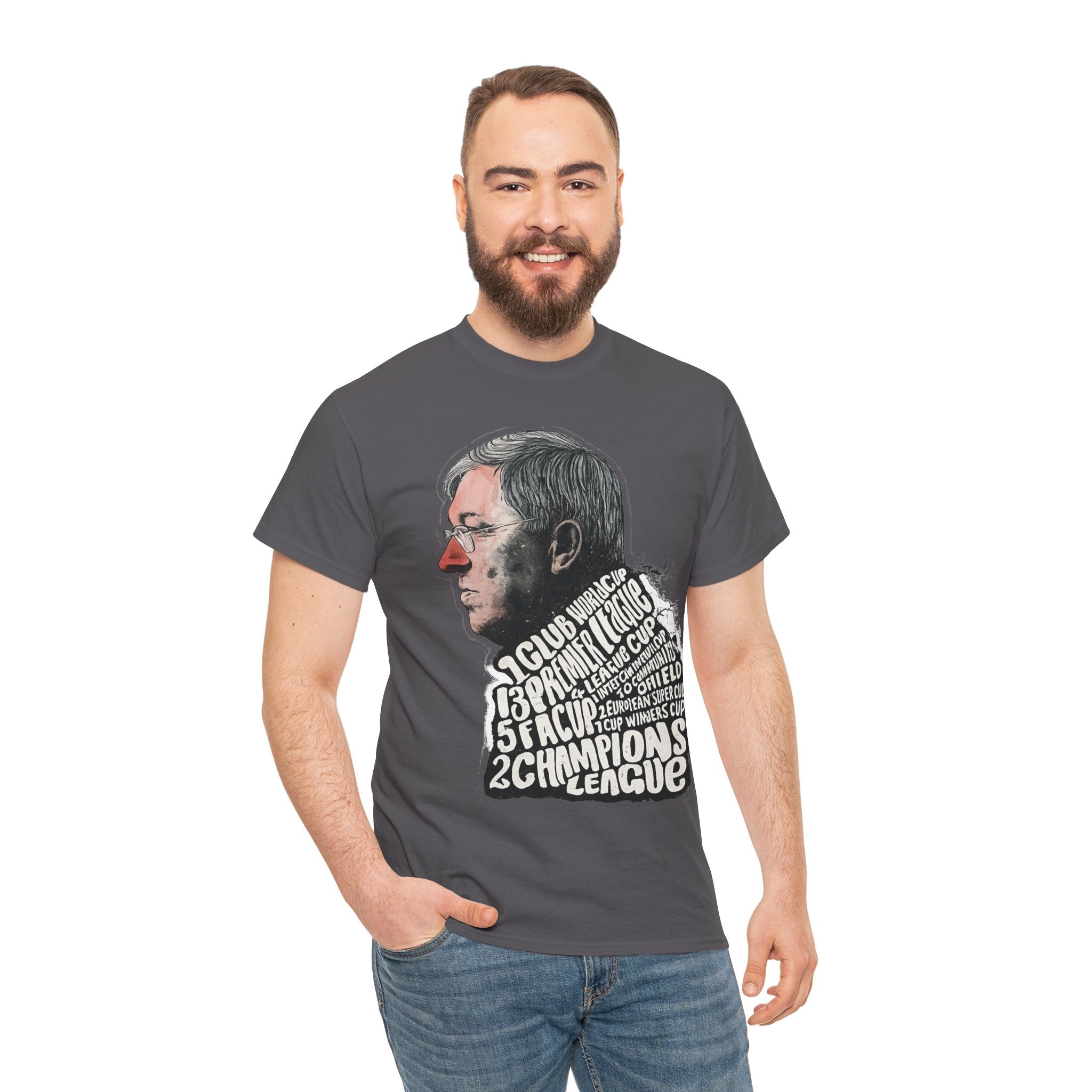 SIr Alex Ferguson Achievements Vintage Football Manager Profile Tee — Illustrated Head with Trophy Text Design