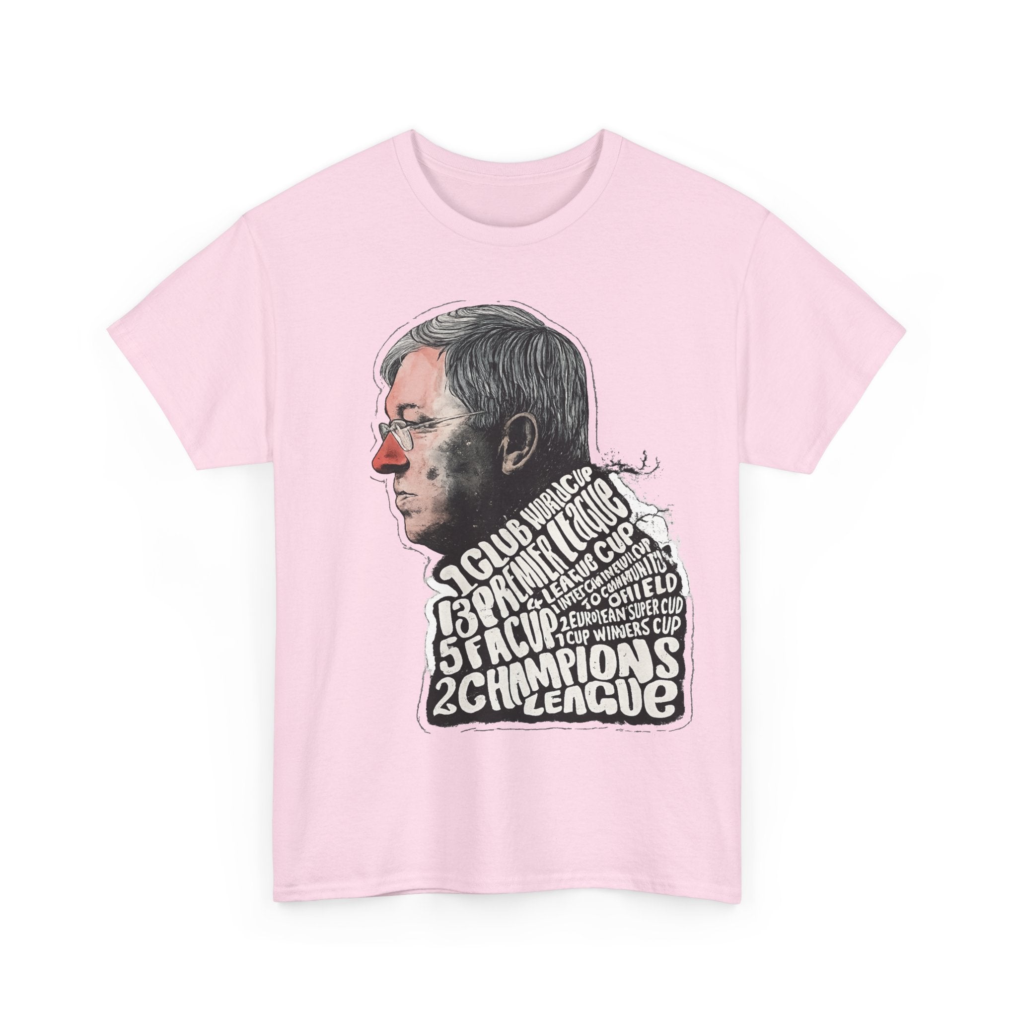 SIr Alex Ferguson Achievements Vintage Football Manager Profile Tee — Illustrated Head with Trophy Text Design