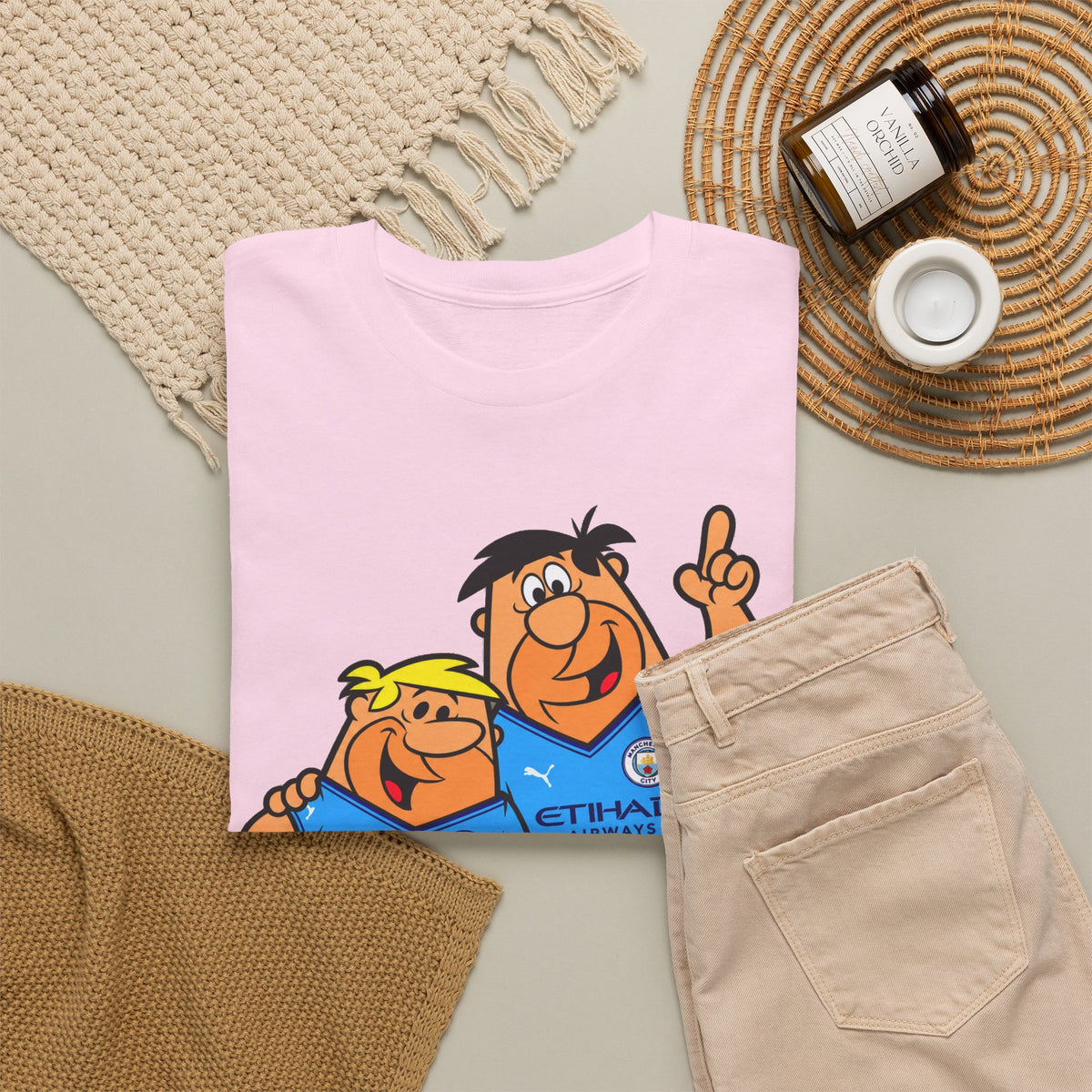 Manchester City The Flintstones Etihad Airways Cartoon Cotton T-Shirt