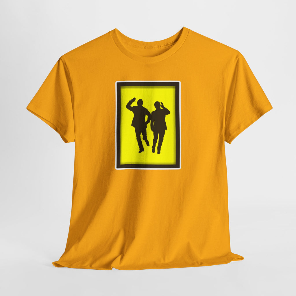 Morecambe and Wise Dancing Silhouette Tee – Retro Yellow Frame Graphic T-Shirt
