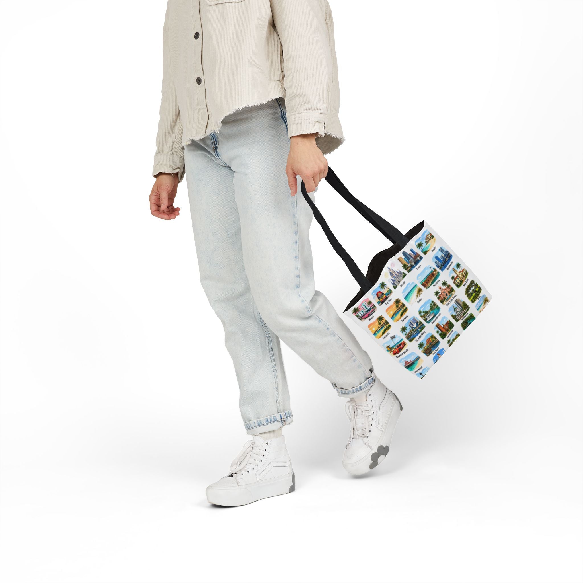 Florida City Landmark Collage Canvas Tote Bag — Vintage Travel Icons Print