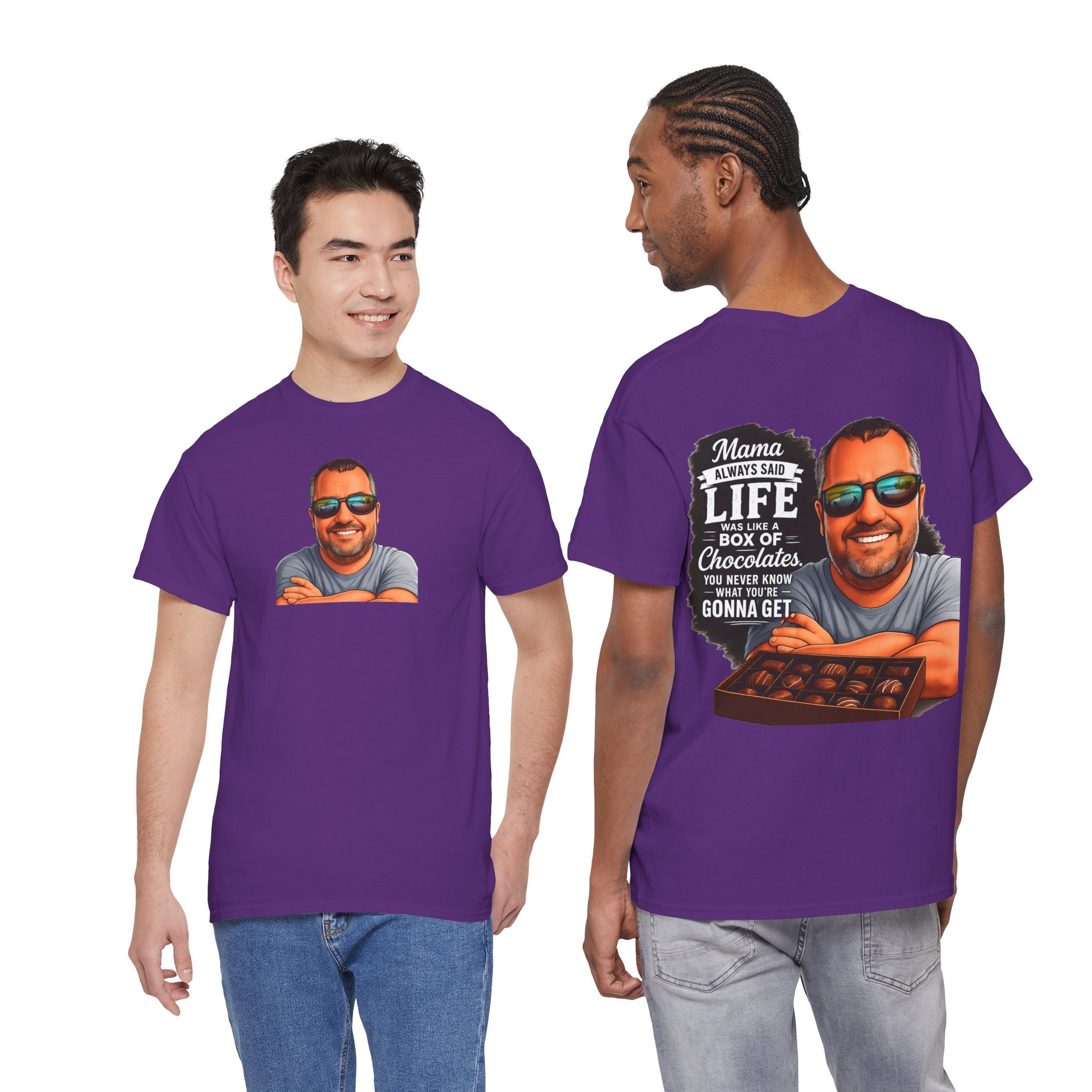 T-Shirt — "Mama Always Said Life Is Like A Box Of Chocolates" Graphic Tee (Funny Retro Portrait)