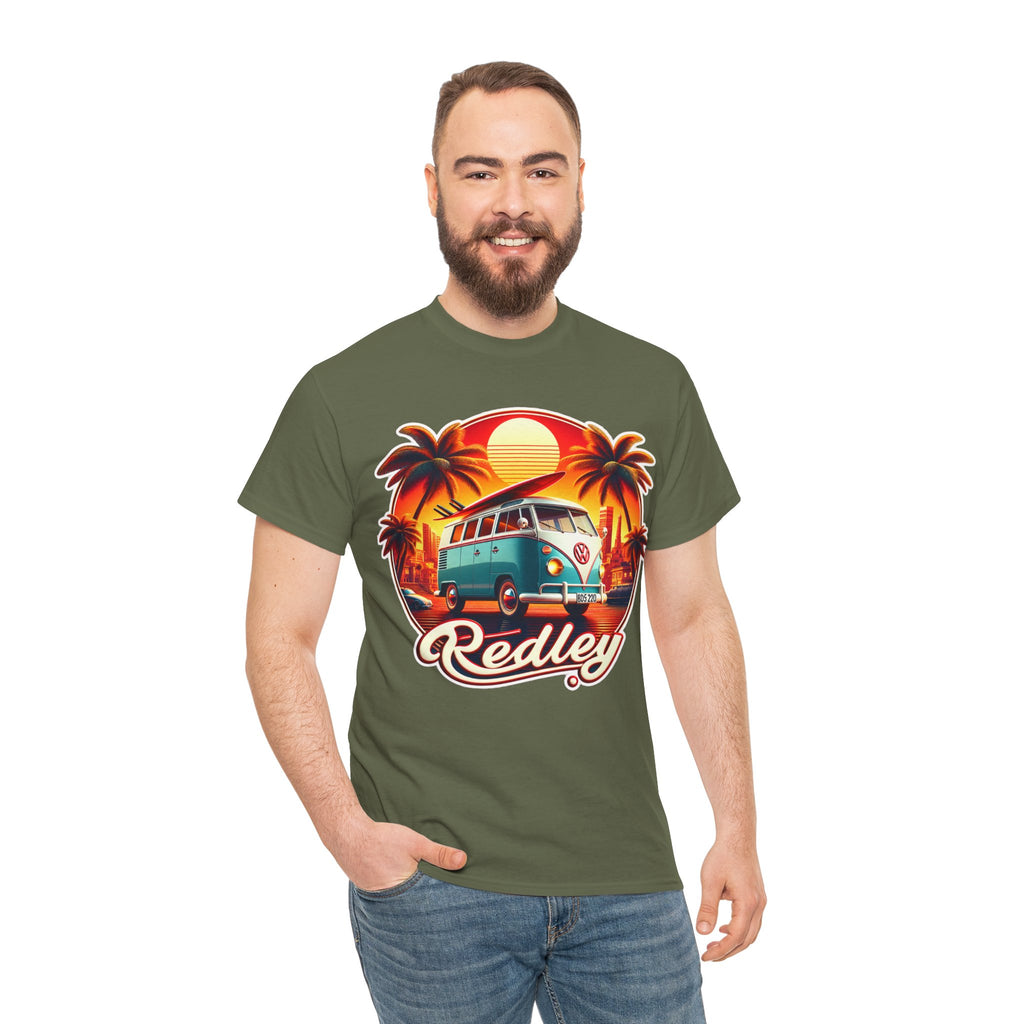 Vintage Surf Van T-Shirt – Retro Beach Sunset Tee with 'Redley' Script