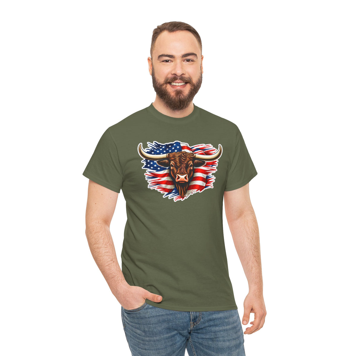 American Flag Bull Graphic Tee — Patriotic Cowboy Western T-Shirt