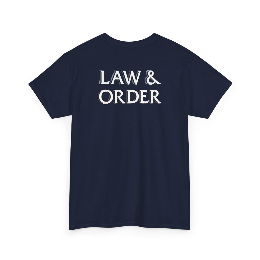 DUN DUN / Law & Order Graphic Tee — Retro Red & Blue Text Shirt
