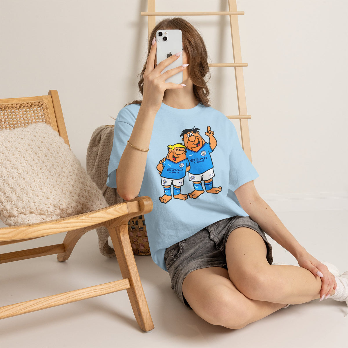 Manchester City The Flintstones Etihad Airways Cartoon Cotton T-Shirt