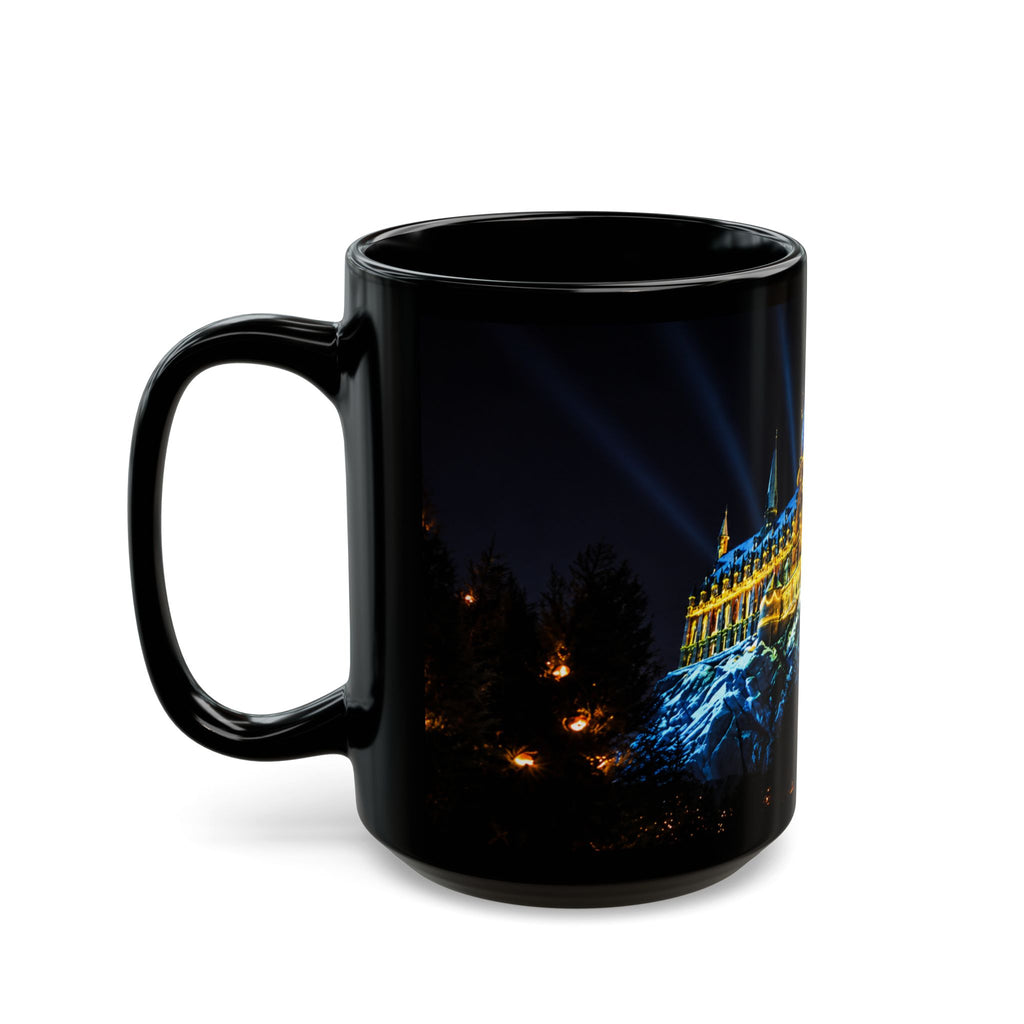 Hogwarts Night Castle Black Coffee Mug – Festive Illuminated Castle Panorama (11oz & 15oz)