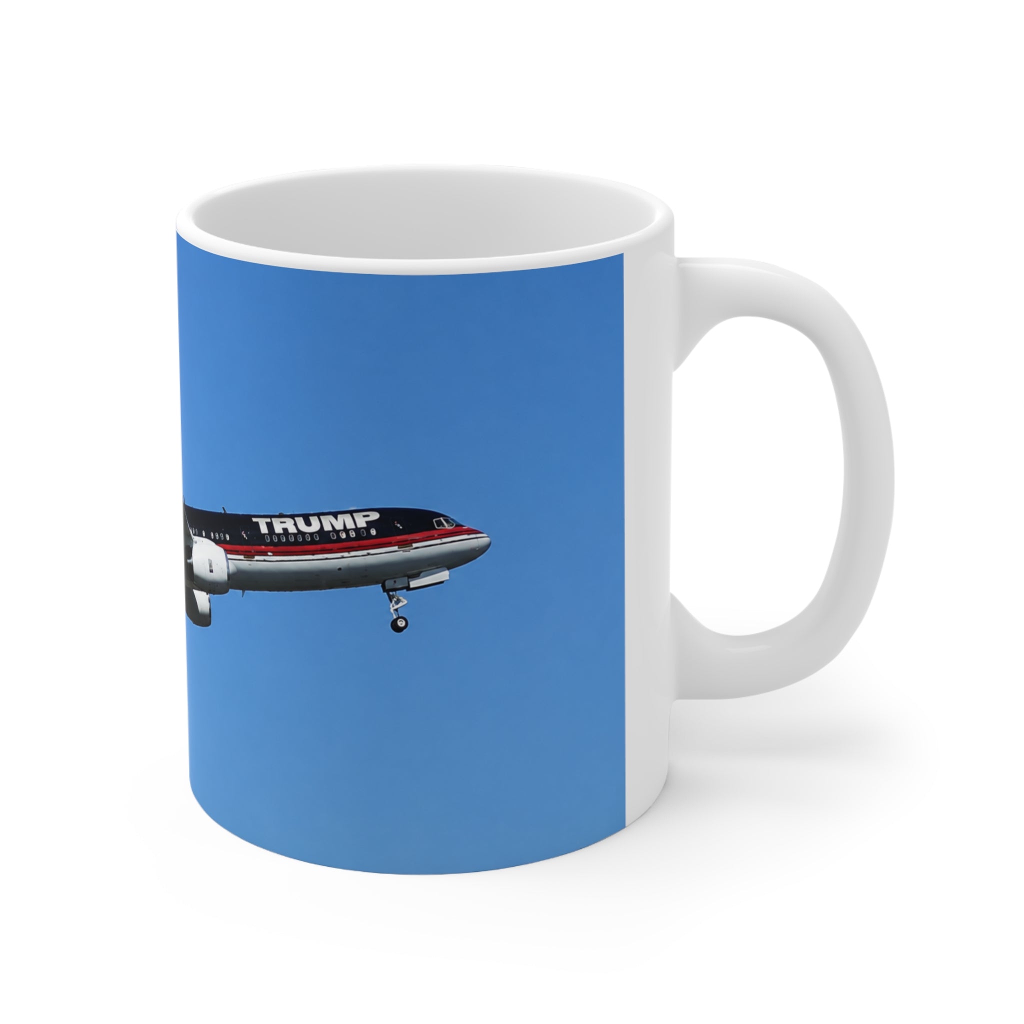 Trump Airplane Photo Ceramic Mug — Blue Sky Jet Coffee Cup (11oz & 15oz)