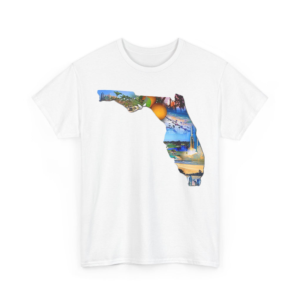 Florida State Shape T-Shirt — Scenic Beach & Sunset Map Tee