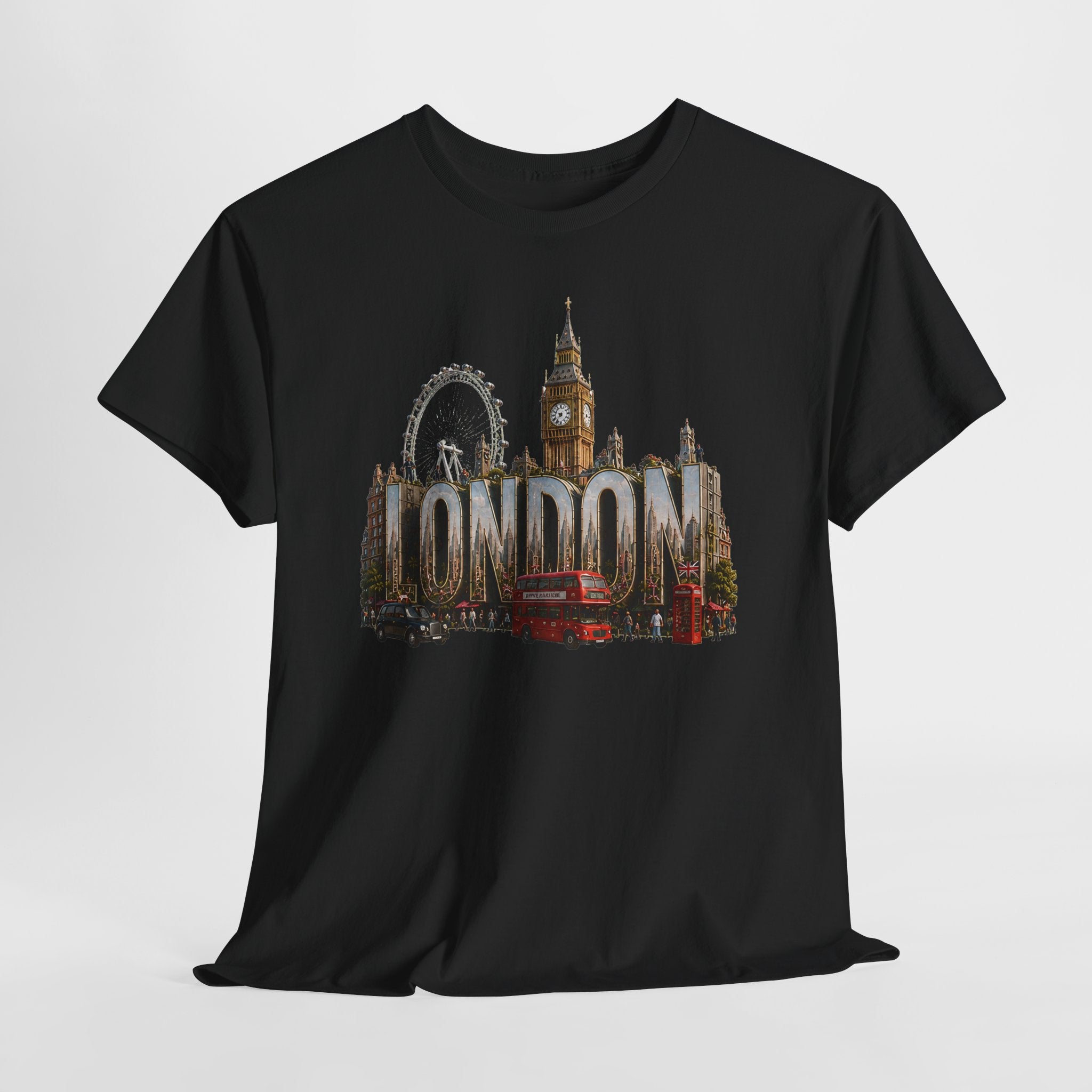 London Skyline T-Shirt — London Text with Big Ben & London Eye Graphic