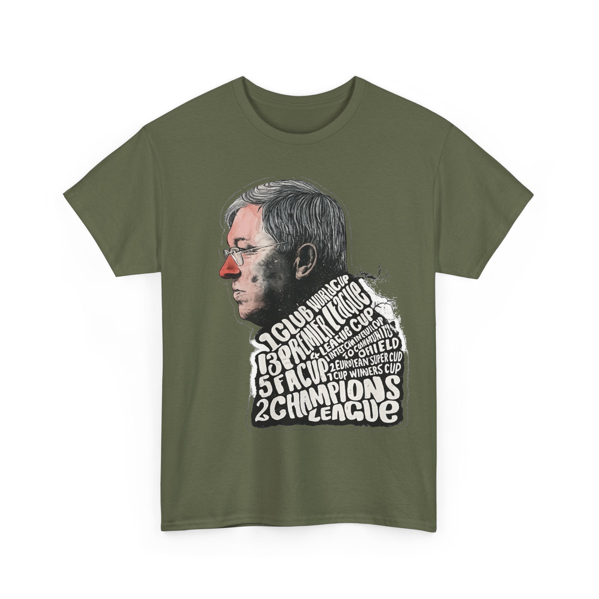 SIr Alex Ferguson Achievements Vintage Football Manager Profile Tee — Illustrated Head with Trophy Text Design