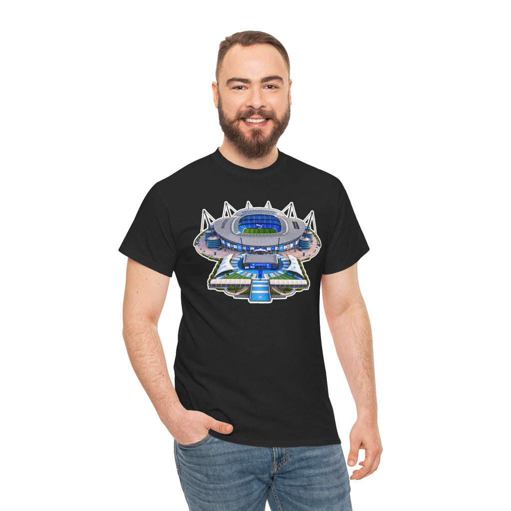 Manchester City Etihad Stadium Illustration T-Shirt — Retro Soccer Arena Graphic Tee