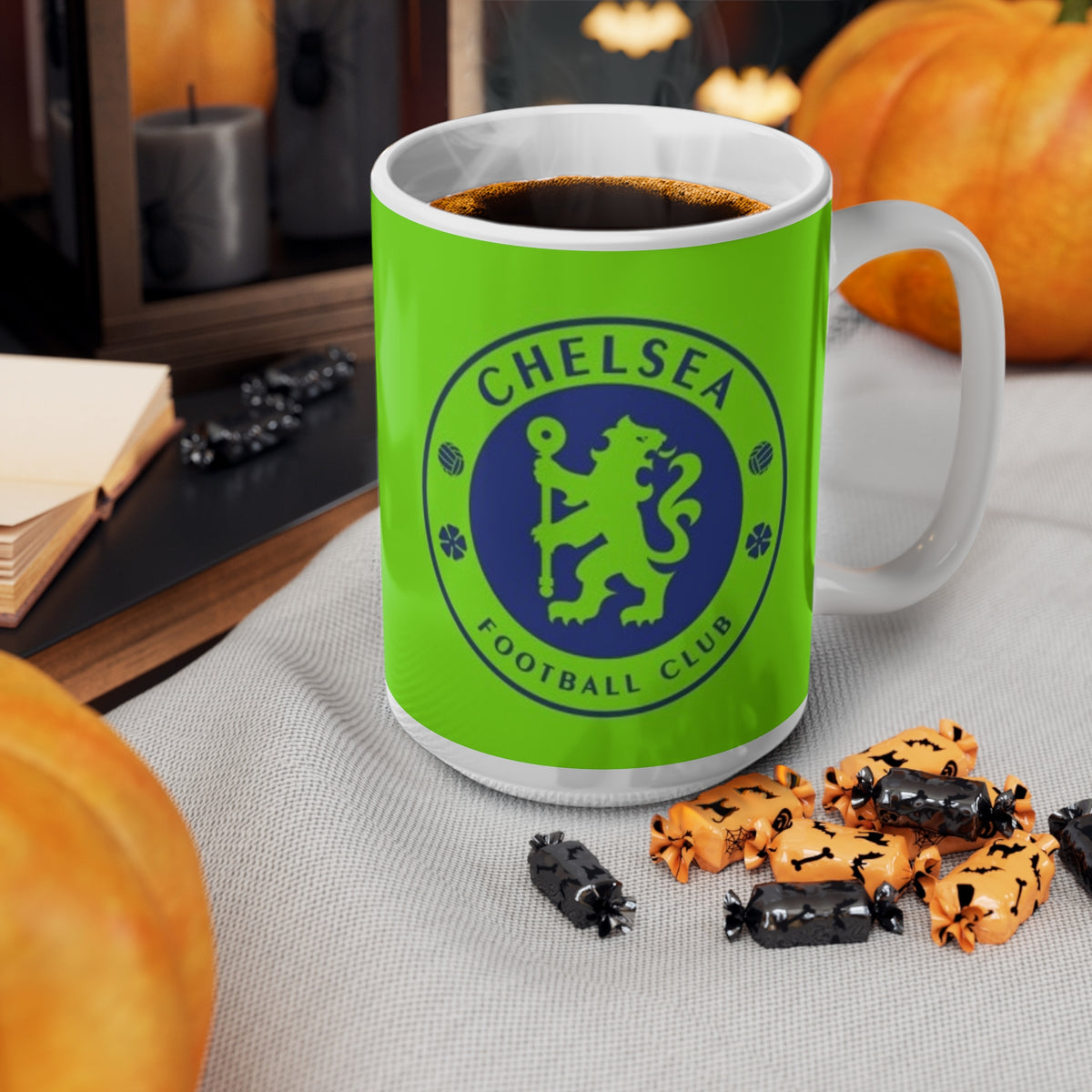 Chelsea-Inspired Neon Green Football Mug (11oz, 15oz)