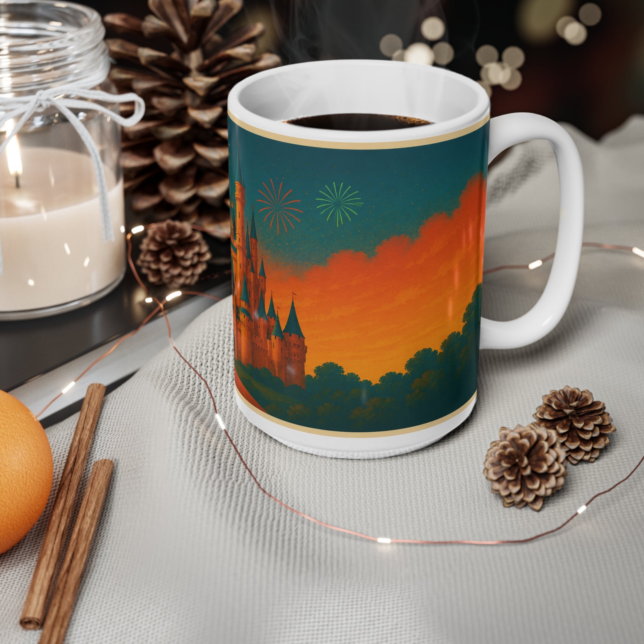 Castle Sunset Coffee Mug — Fairytale Castle with Fireworks Ceramic Mug (11oz & 15oz)