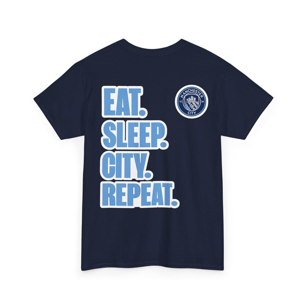 Manchester City T-Shirt – 'Eat. Sleep. City. Repeat.' Football Fan Tee