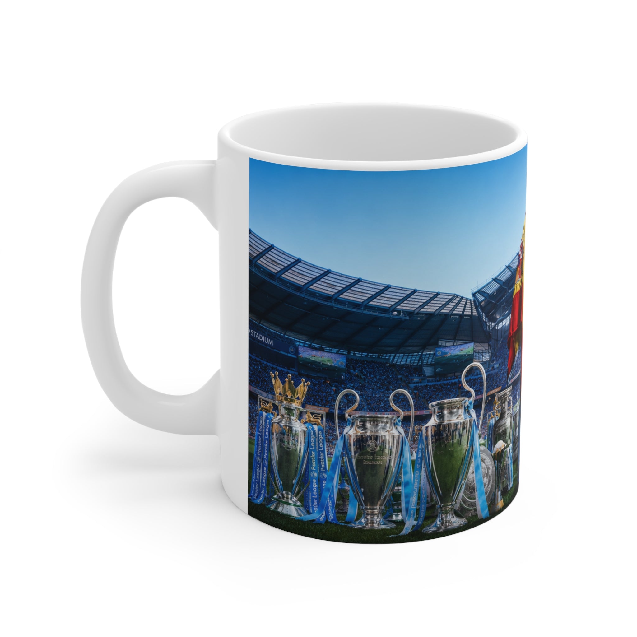 Rodri Man City Soccer Champion Ceramic Mug — Fan Cup with Trophies & Stadium Scene
