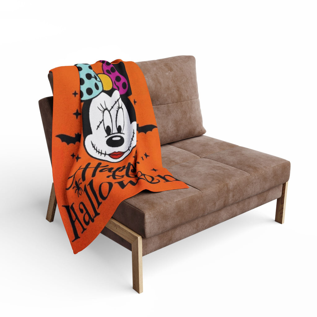Halloween Minnie Mouse Fleece Blanket – "Happy Halloween" Orange Cozy Throw