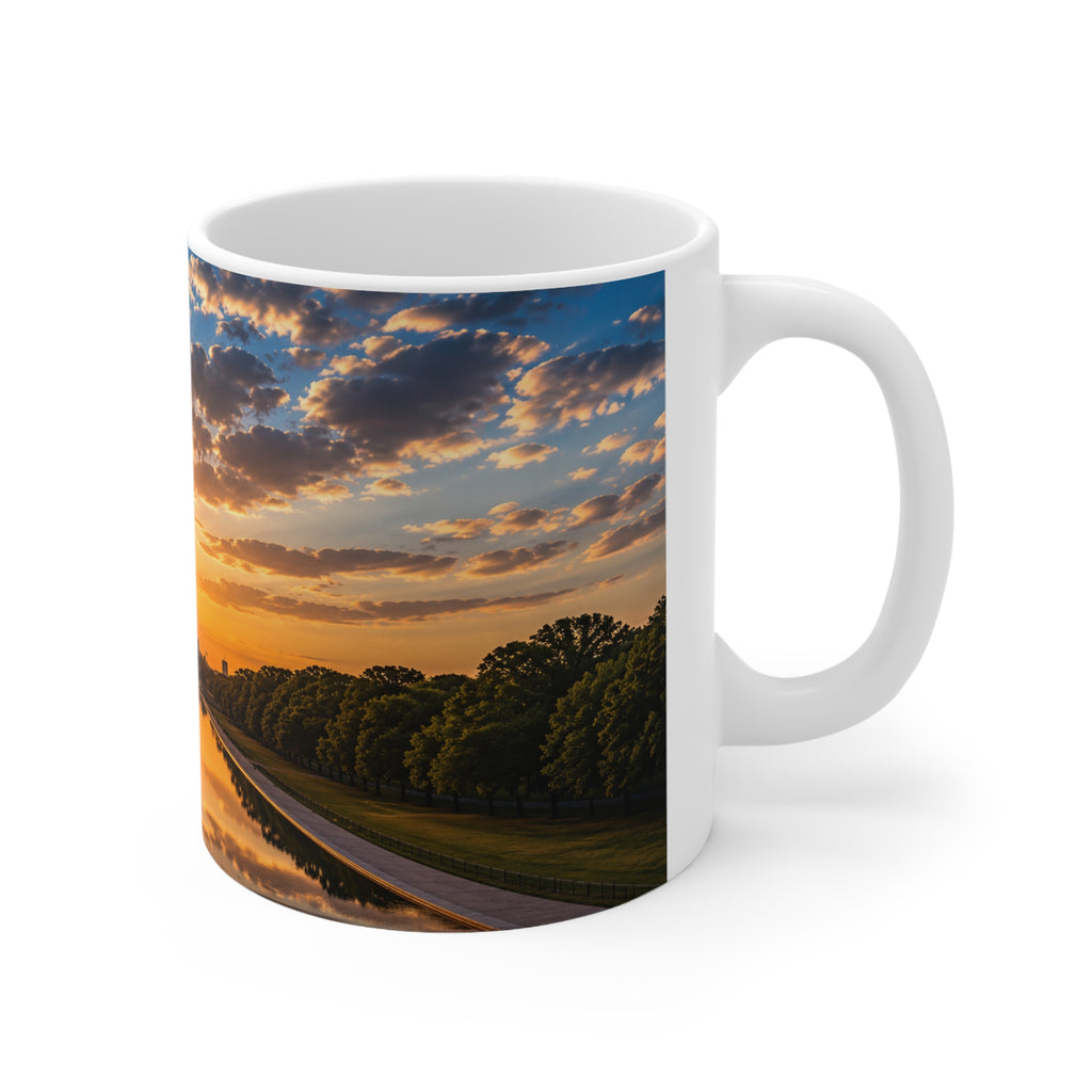 American Flag Washington Monument Sunrise Mug – Patriotic Ceramic Coffee Cup (11oz, 15oz)