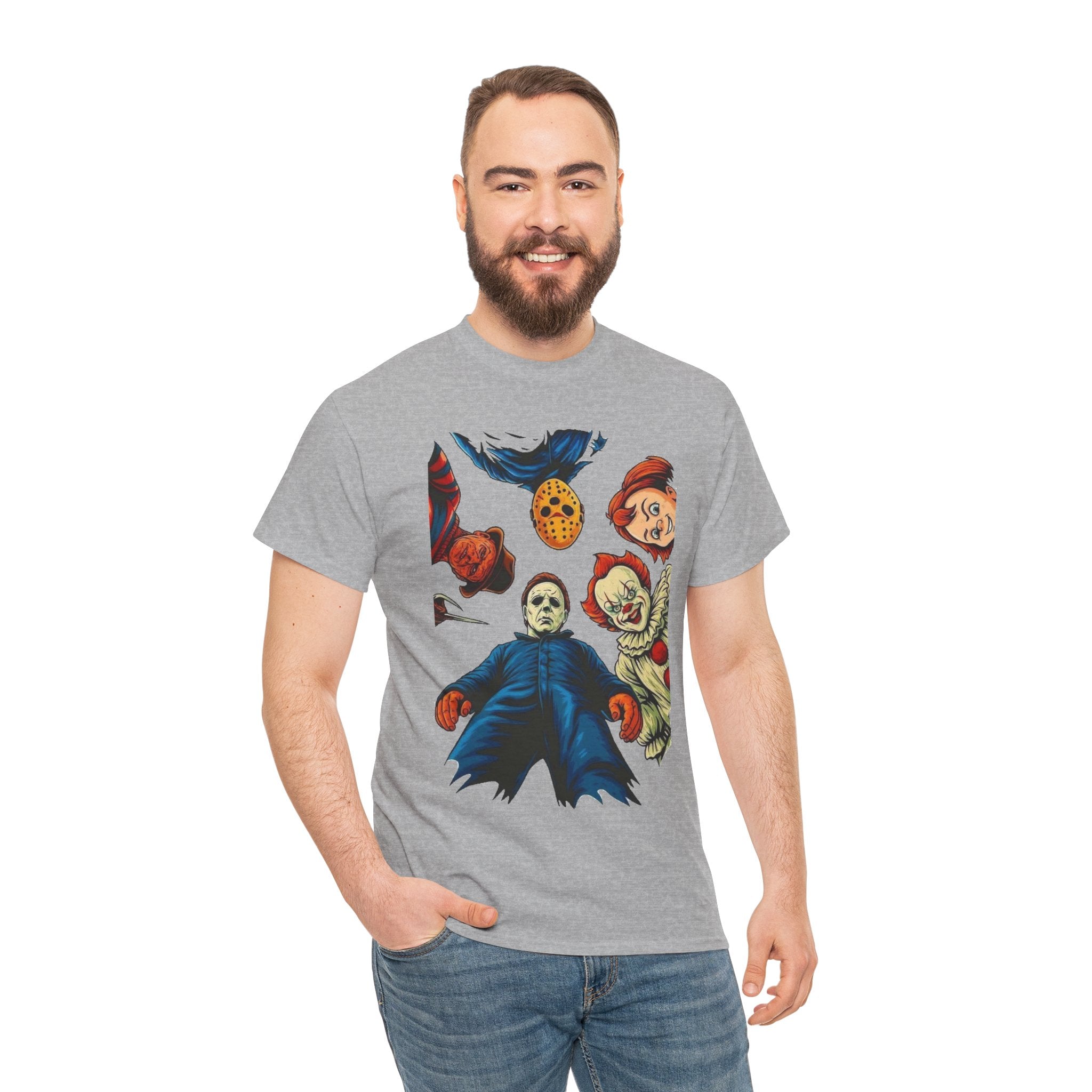 Horror Movie Icons Graphic Tee — Michael Myers, Jason & Classic Clowns Halloween T-Shirt