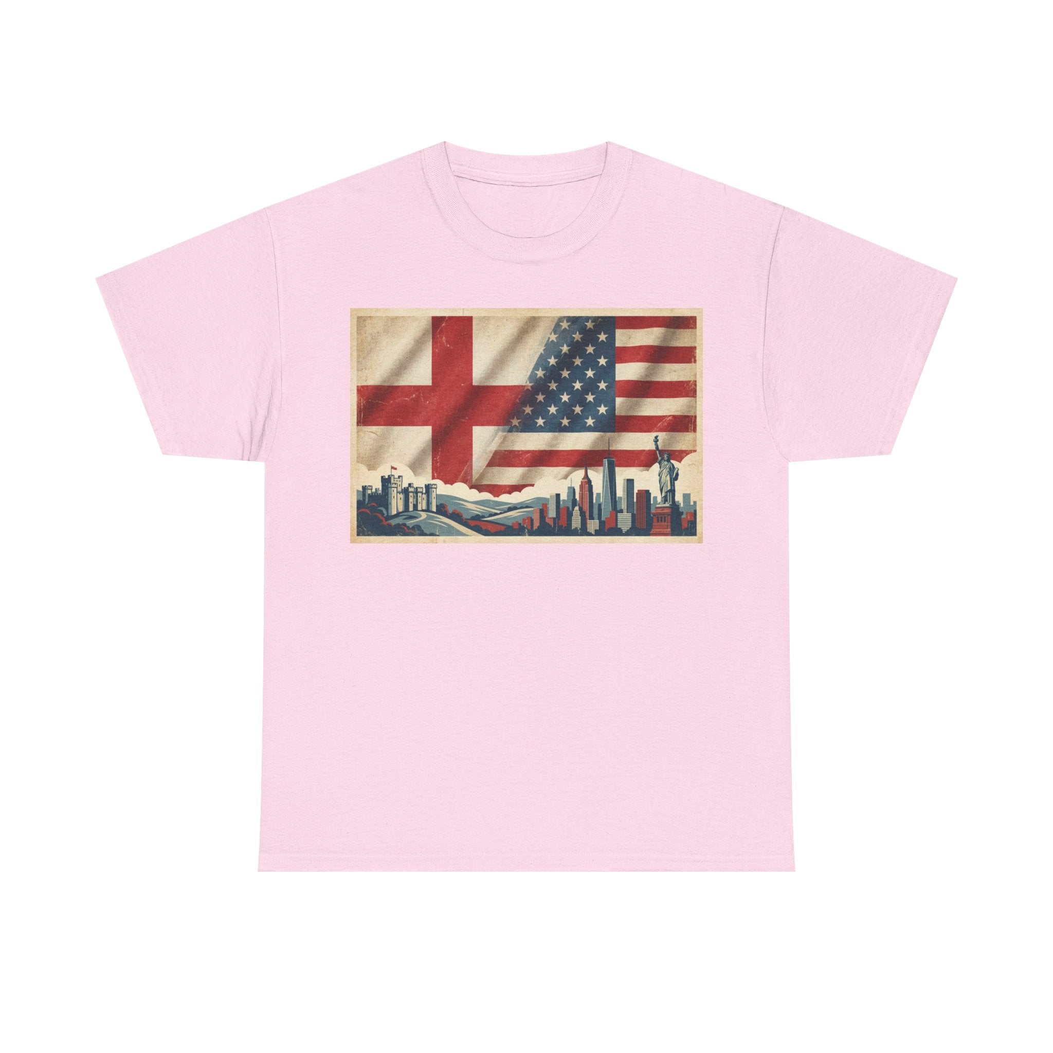 England + USA Flag Skyline T-Shirt — Vintage London & New York City Pride Tee
