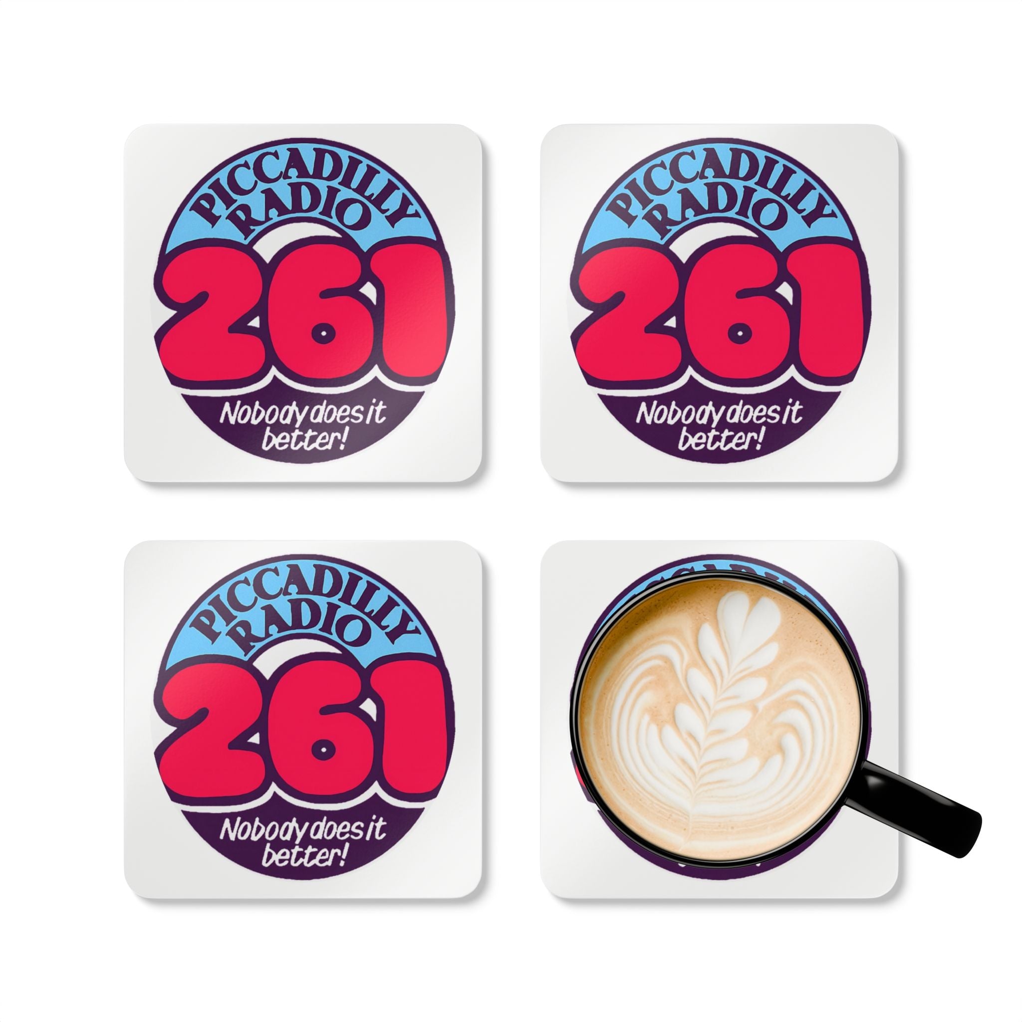 Retro 'Piccadilly Radio 261' Cork Coaster Set – Vintage 70s Radio Logo Drink Coasters
