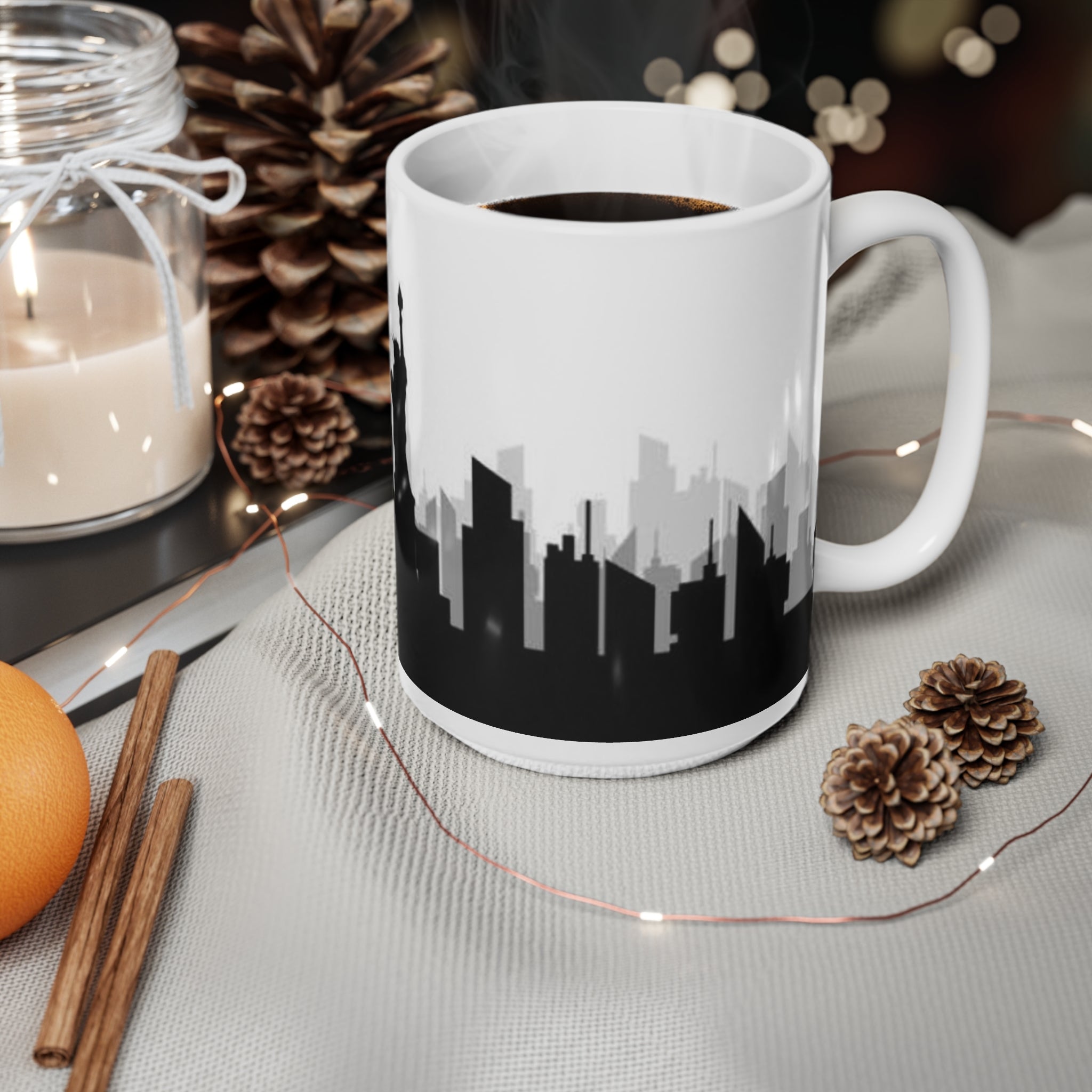 New York Skyline Ceramic Mug — Statue of Liberty Silhouette Coffee Cup (11oz, 15oz)