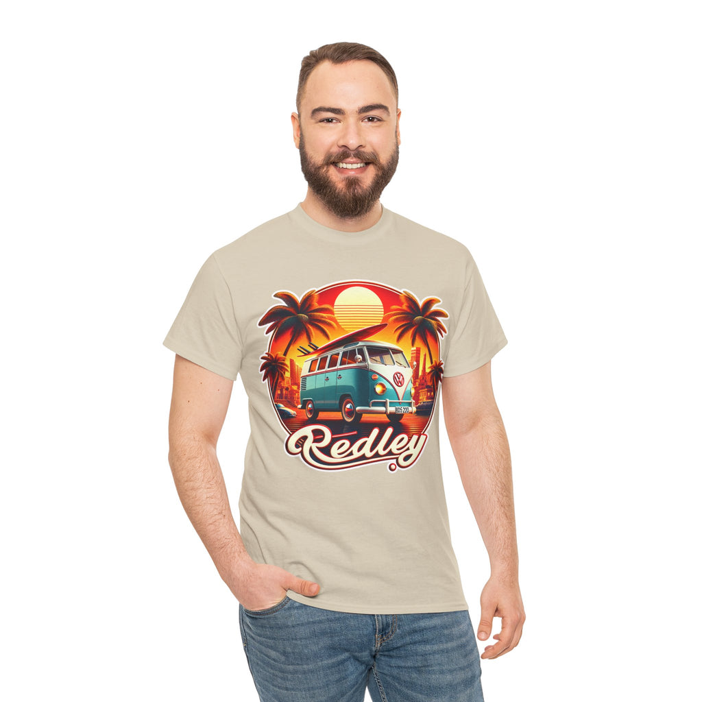 Vintage Surf Van T-Shirt – Retro Beach Sunset Tee with 'Redley' Script