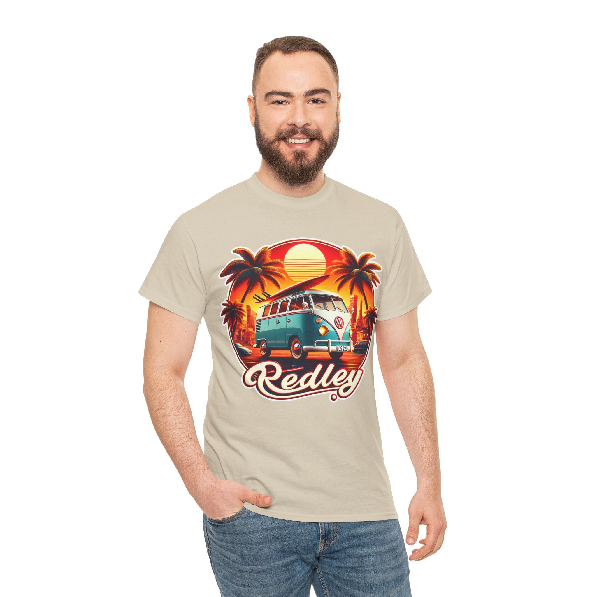 Vintage Surf Van T-Shirt – Retro Beach Sunset Tee with 'Redley' Script