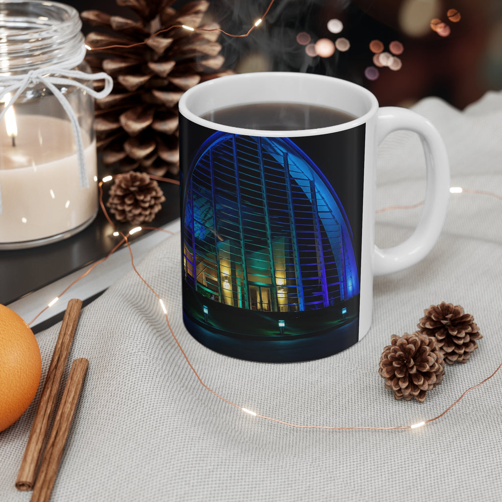 Nightlight Cityscape Mug — Neon Building Photo Ceramic Coffee Cup (11oz, 15oz)