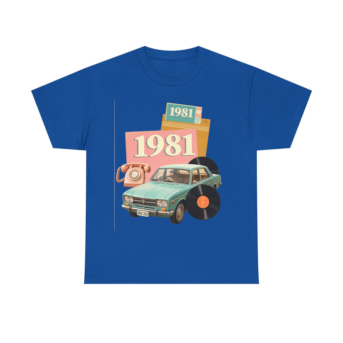 1981 Retro Car Tee — Vintage 80s Birthday T-Shirt with Record & Telephone Design