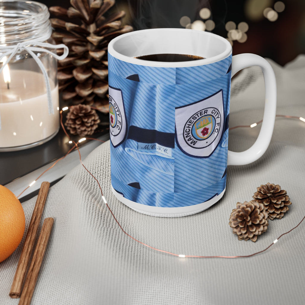 Manchester City 90's Blue Football Jersey Pattern Mug — 11oz & 15oz Ceramic Coffee Cup