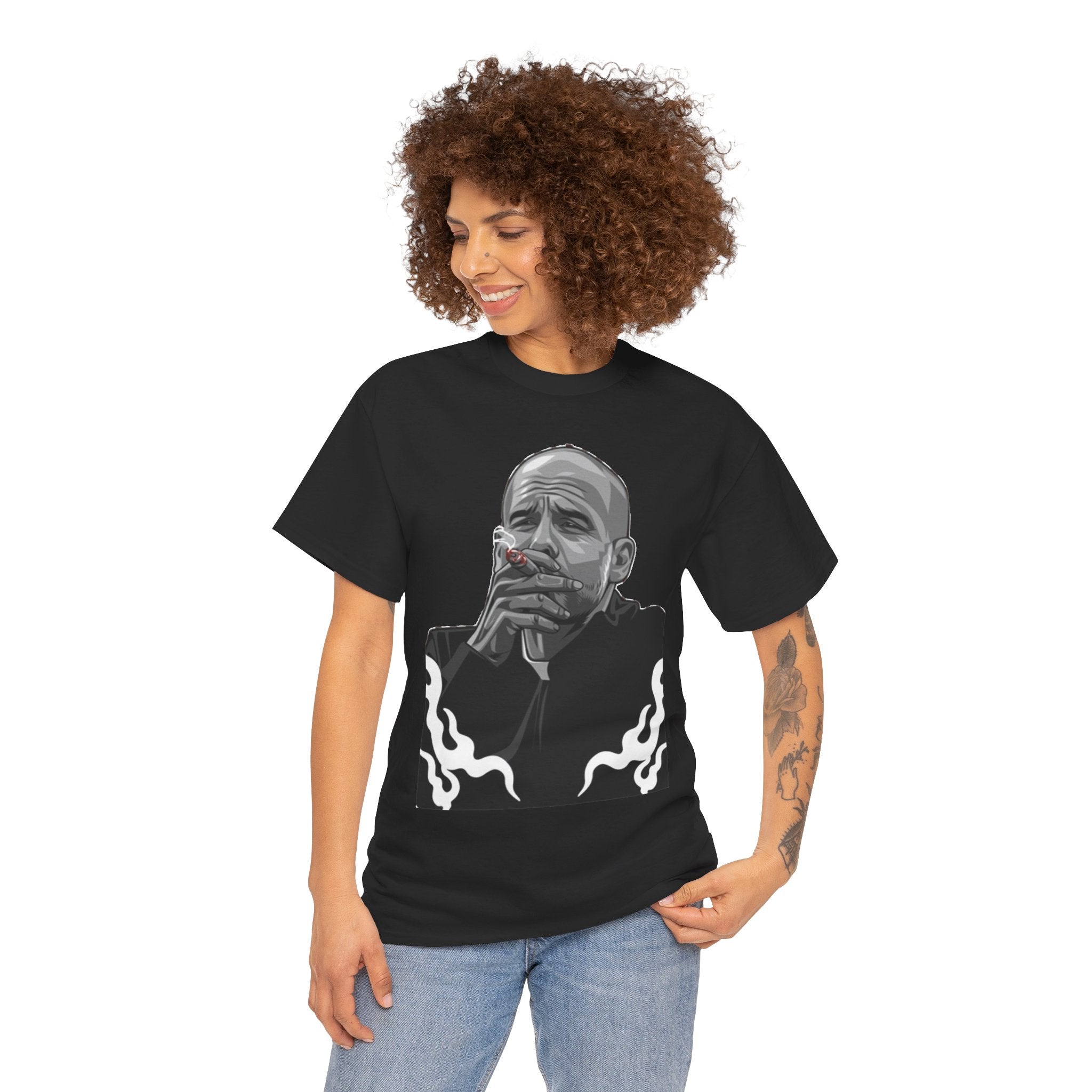Pep Guardiola Smoking Portrait T‑Shirt — Moody Graphic Tee