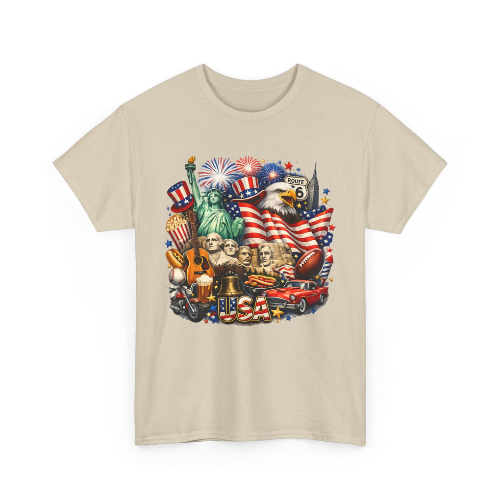 Patriotic USA Graphic Tee – American Flag, Statue of Liberty & Fireworks T-Shirt