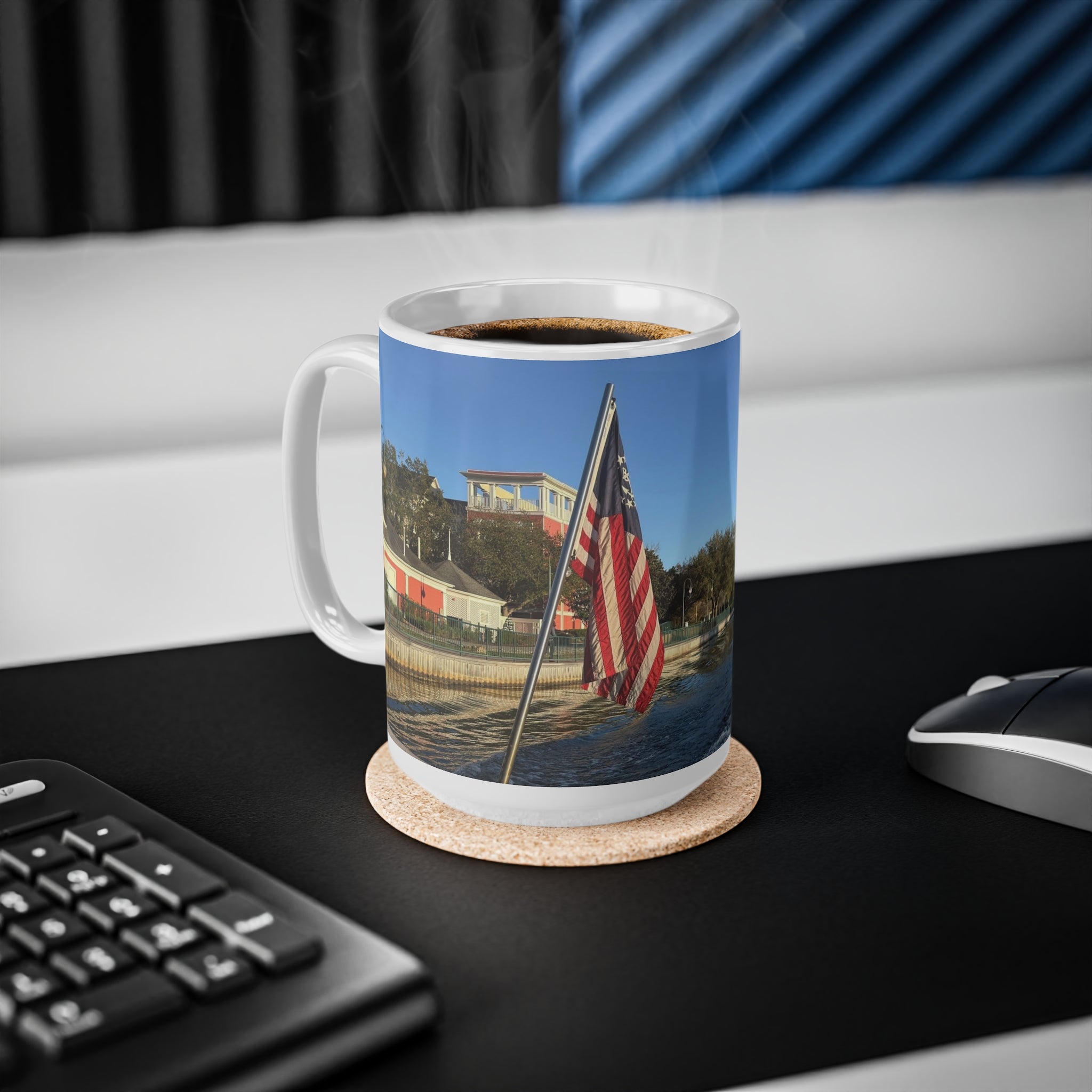 American Flag Waterfront Photo Ceramic Mug — Patriotic 11oz & 15oz Coffee Cup