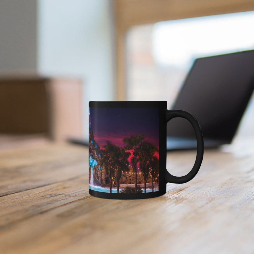 Volcano Bay at Night Black Mug — Illuminated Waterfall & Palm Tree Coffee Cup (11oz/15oz)