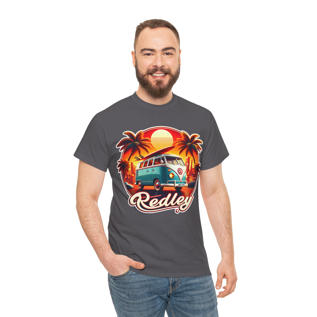 Vintage Surf Van T-Shirt – Retro Beach Sunset Tee with 'Redley' Script