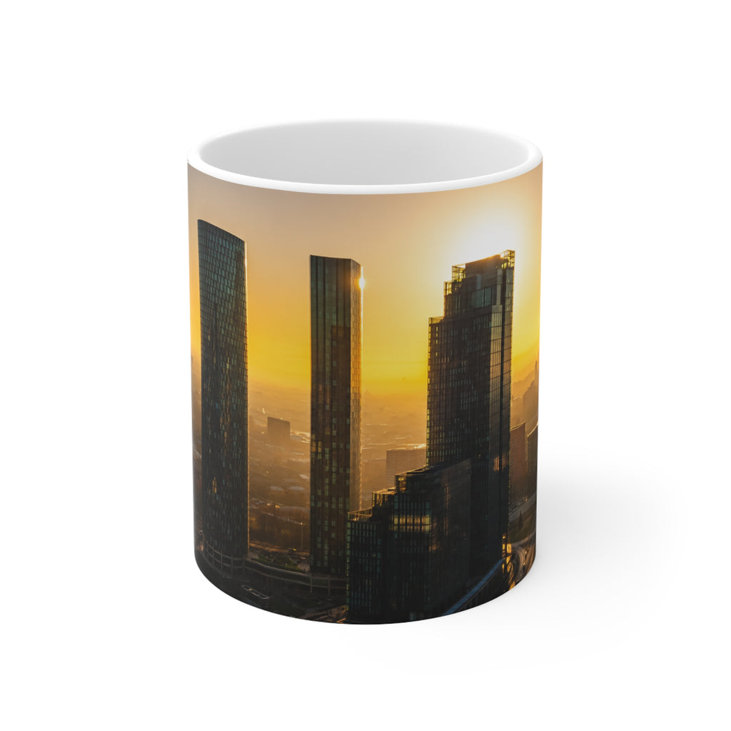 Manchester UK Sunrise Cityscape Ceramic Mug — Urban Skyline Coffee Cup (11oz & 15oz)