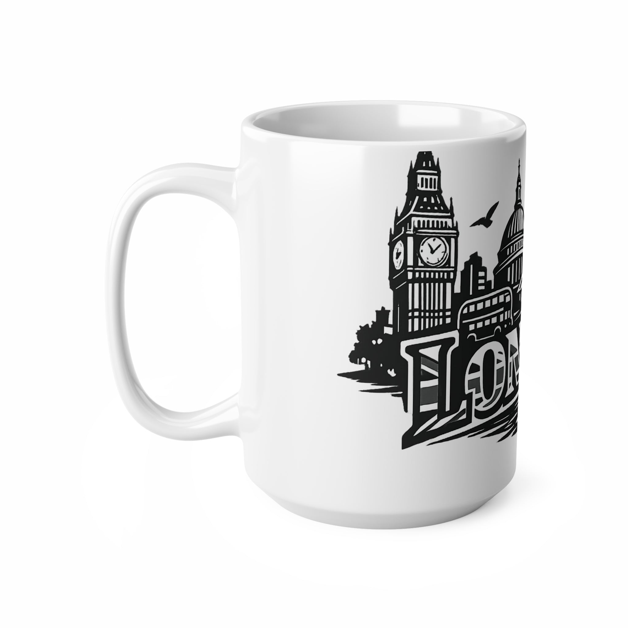London Skyline Ceramic Mug — Black & White Cityscape Coffee Cup (11oz, 15oz)